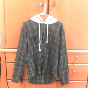 Hooded button front sweatshirt with pockets